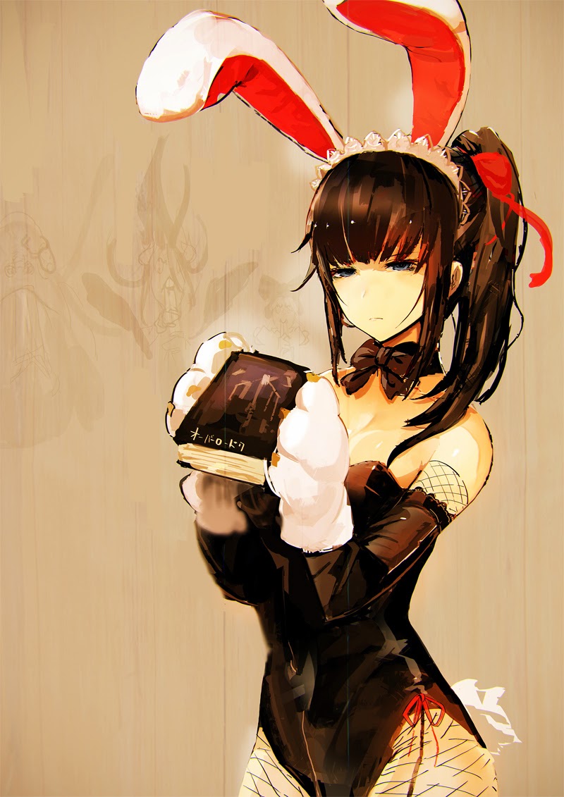 1girl animal_ears animal_hands bangs bare_shoulders black_hair black_leotard blue_eyes blunt_bangs book bow bowtie breasts cowboy_shot detached_collar fishnet_legwear fishnets gloves large_breasts leotard long_hair looking_at_viewer maid_headdress narberal_gamma overlord_(maruyama) pantyhose paw_gloves playboy_bunny ponytail rabbit_ears rabbit_tail red_ribbon ribbon simple_background so-bin solo standing strapless strapless_leotard tail upper_body