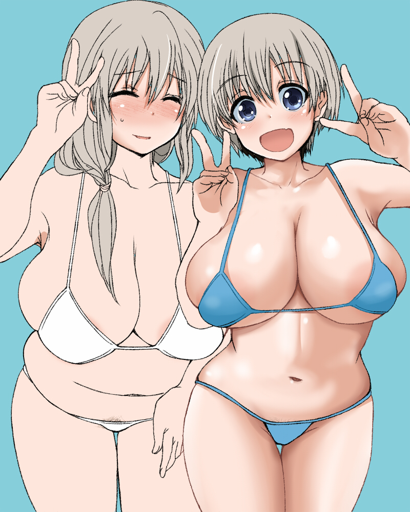 2girls bangs belly bikini blue_background blue_bikini blue_eyes blush breasts chikichiken cleavage closed_eyes collarbone double_v grey_hair hair_between_eyes hair_over_shoulder huge_breasts long_hair low_tied_hair midriff mother_and_daughter multiple_girls navel open_mouth plump pubic_hair pubic_hair_peek shiny shiny_skin short_hair smile standing stomach swimsuit teardrop thick_thighs thigh_gap thighs underboob uzaki-chan_wa_asobitai! uzaki_hana uzaki_tsuki v white_bikini