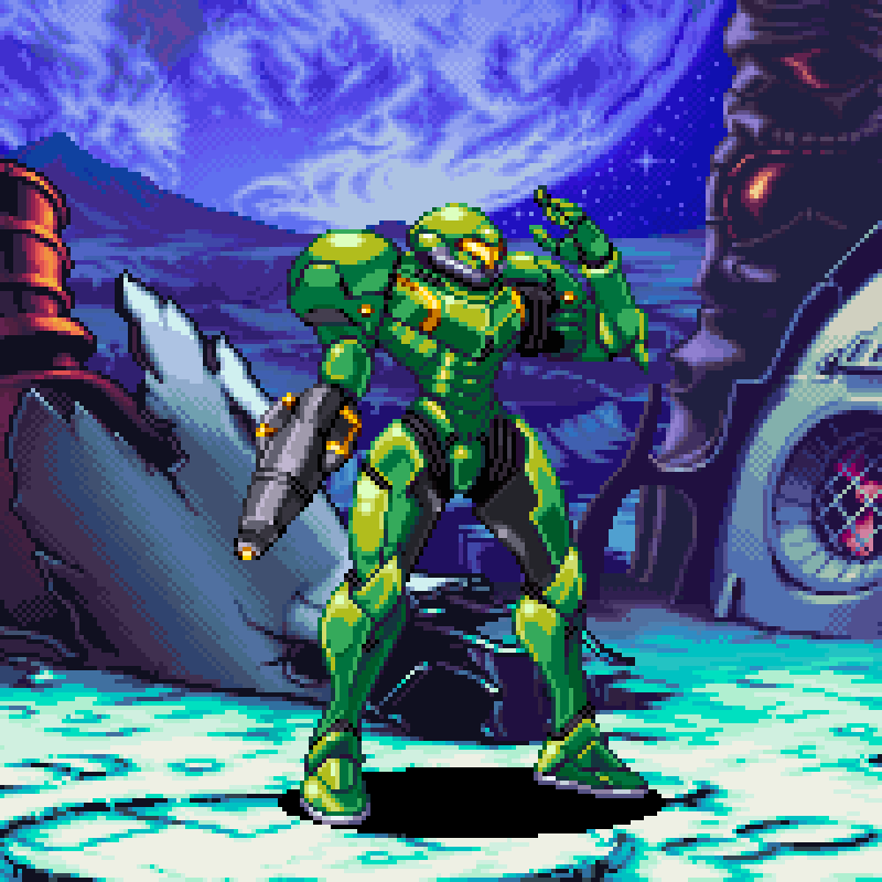 1girl alternate_color arm_cannon english_commentary halo_(series) kdekercy looking_to_the_side master_chief metroid open_hand pixel_art power_armor samus_aran science_fiction solo visor weapon
