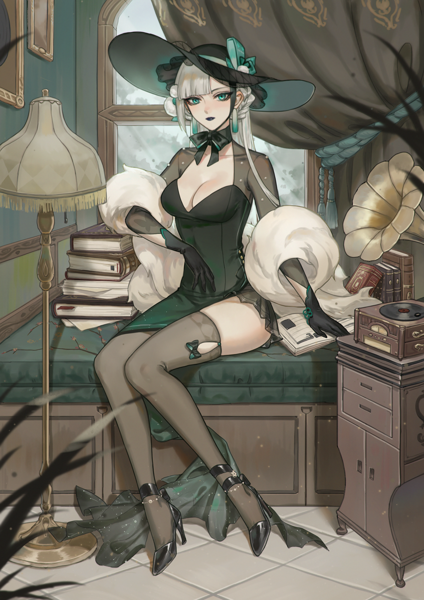 1girl anmaki aoandon bangs black_dress black_footwear black_headwear black_lips blue_eyes book book_stack bow breasts cleavage dress elbow_gloves full_body gloves hat hat_bow high_heels highres indoors lamp long_hair looking_at_viewer medium_breasts nightstand onmyoji open_book paper phonograph record sitting solo thighhighs tile_floor tiles white_hair window