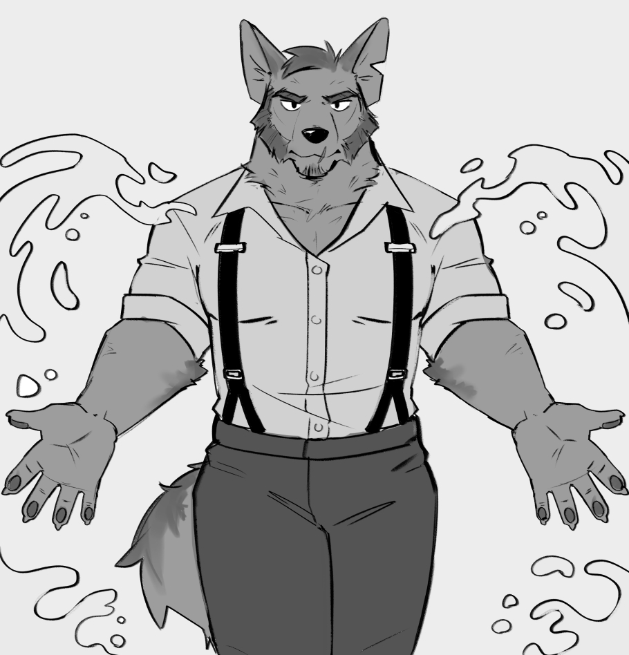 2022 anthro black_and_white bottomwear canid canine canis clothed clothing coyote dress_shirt echo_(series) echo_project facial_hair front_view fully_clothed hair klips looking_at_viewer male mammal monochrome muscular muscular_male pants pecs portrait shirt sideburns simple_background solo spread_arms suspenders the_smoke_room three-quarter_portrait topwear video_games visual_novel water wave white_background william_adler