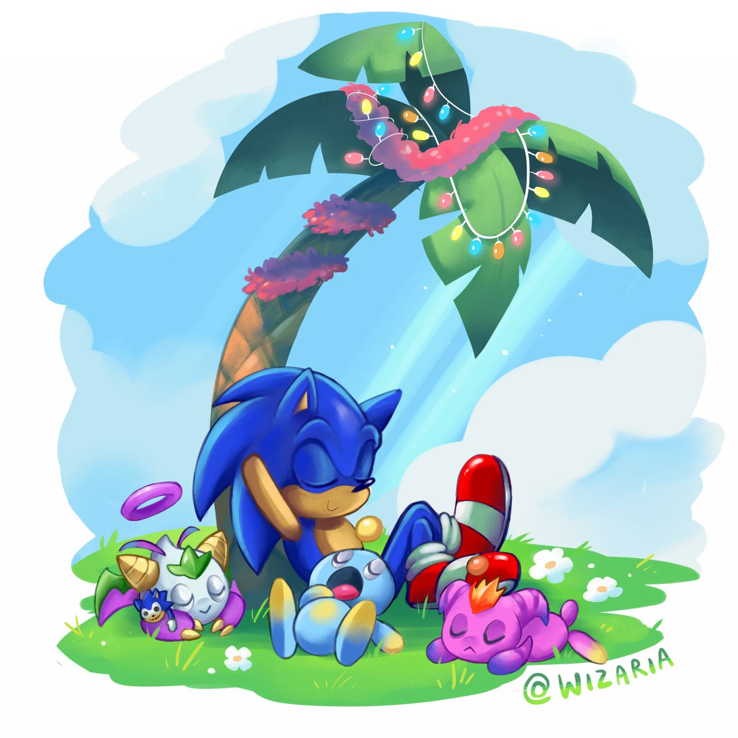 1:1 blue_body blue_fur chao_(sonic) chao_garden character_chao christmas_lights doll eulipotyphlan eyes_closed flower fur grass halo hedgehog hi_res mammal nights_chao plant sega sleeping smile sonic_the_hedgehog sonic_the_hedgehog_(series) tree wizaria