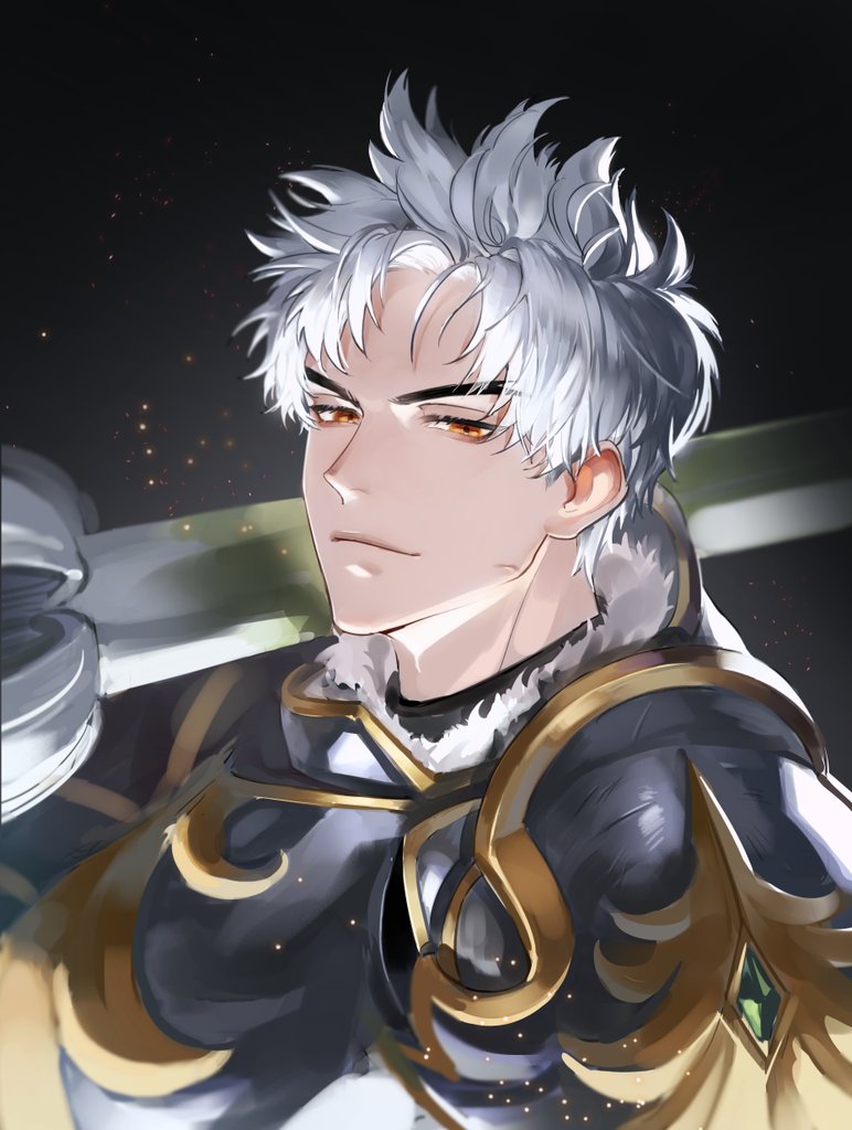 1boy ajrtkf44 armor bangs black_background carrying_over_shoulder eyelashes fur_trim korean_commentary light_particles looking_at_viewer male_focus orange_eyes pauldrons personification pokemon portrait scar scar_on_face short_hair shoulder_armor sirfetch'd smirk solo spiked_hair sword weapon
