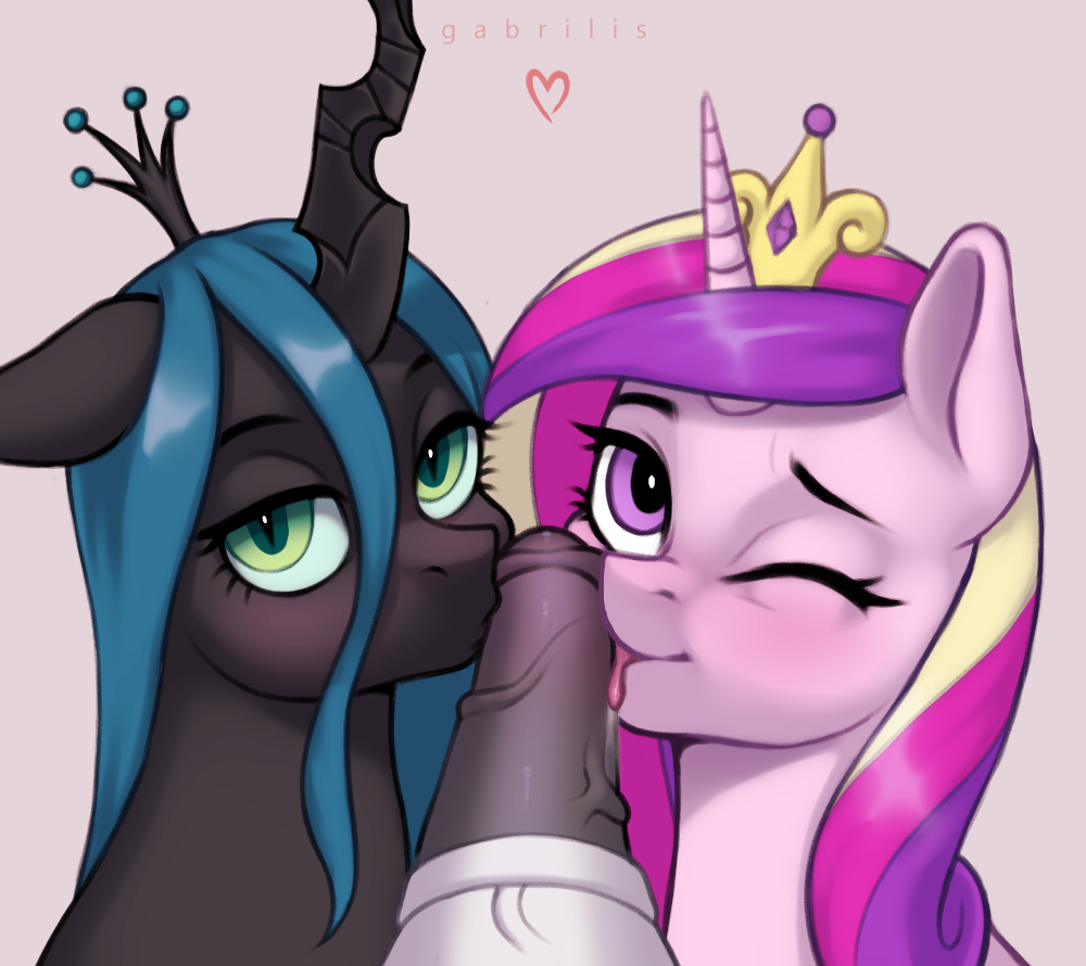 &lt;3 animal_genitalia animal_penis arthropod black_body changeling crown digital_media_(artwork) equid equine equine_penis eyelashes female feral friendship_is_magic gabrilis genitals green_eyes group half-closed_eyes hasbro horn kissing licking male male/female mammal my_little_pony narrowed_eyes one_eye_closed oral penile penis penis_kissing penis_lick pink_body pink_eyes princess_cadance_(mlp) pupils queen_chrysalis_(mlp) sex shining_armor_(mlp) slit_pupils tongue tongue_out trio unicorn vein veiny_penis