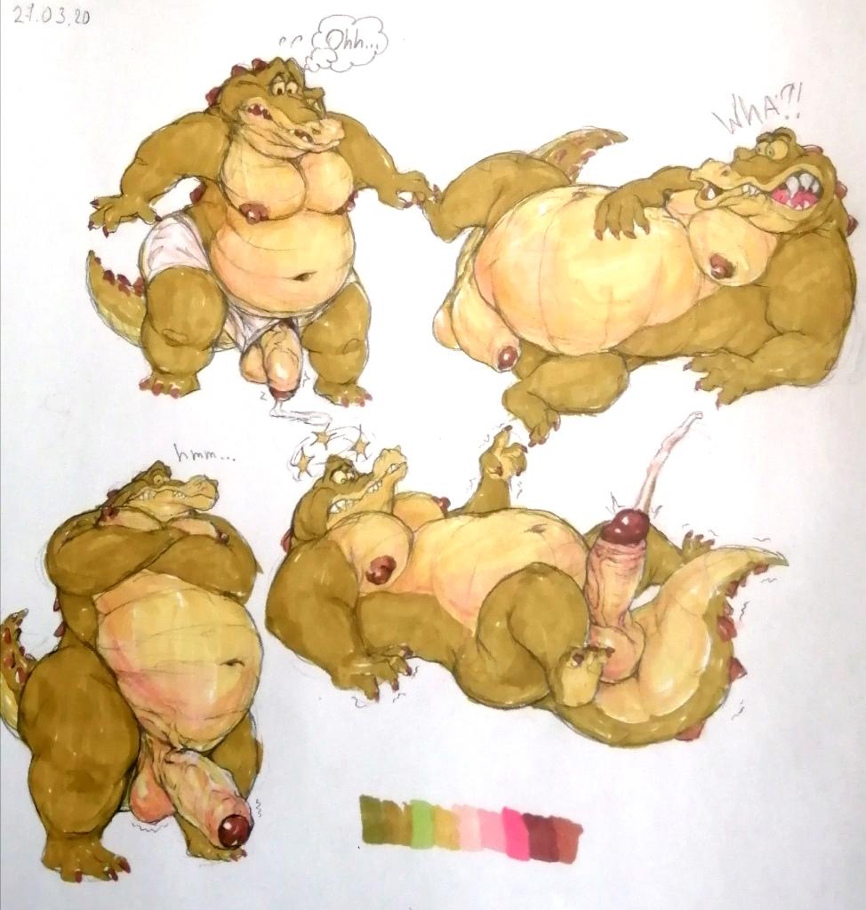 anthro belly big_butt bodily_fluids butt clothing crocodile crocodilian crocodylid cum digital_media_(artwork) ejaculation erection foreskin genital_fluids genitals humanoid_genitalia humanoid_penis louis_(tpatf) male nipples nude overweight overweight_male penis rakomadon reptile scalie simple_background solo the_princess_and_the_frog