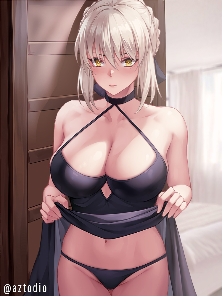 1girl artoria_pendragon_(fate) aztodio bangs bare_shoulders black_choker black_panties blonde_hair breasts choker cleavage clothes_lift commentary cowboy_shot dress dress_lift english_commentary fate_(series) groin hair_between_eyes indoors large_breasts lifted_by_self looking_at_viewer navel panties saber_alter short_hair sleeveless sleeveless_dress solo standing stomach underwear yellow_eyes