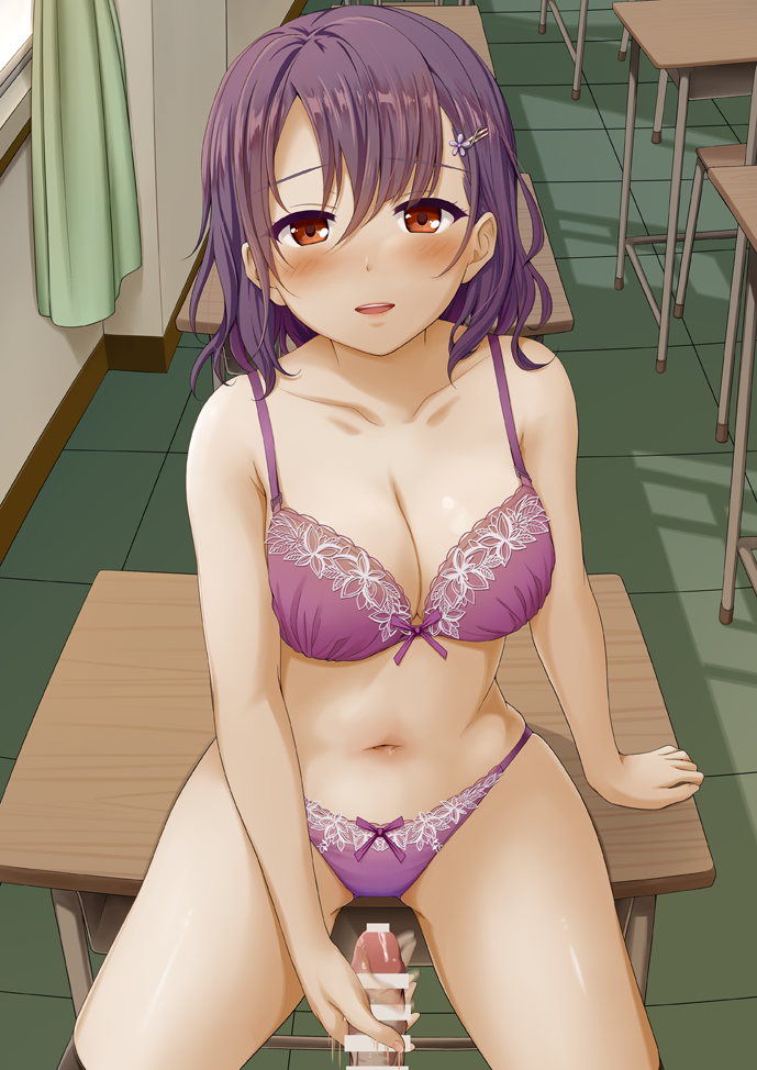 1boy 1girl bangs bar_censor black_legwear blush bow bow_bra bow_panties bowtie bra breasts censored classroom cleavage collarbone commentary_request desk hair_ornament hairclip handjob hetero indoors looking_at_viewer medium_breasts miel_(lessontome) motion_lines navel on_table open_mouth original panties parted_lips penis photoshop_(medium) pov precum purple_bra purple_hair purple_panties red_eyes school_desk shiny shiny_hair shiny_skin short_hair sitting smile solo_focus table teeth thighhighs tile_floor tiles underwear upper_teeth