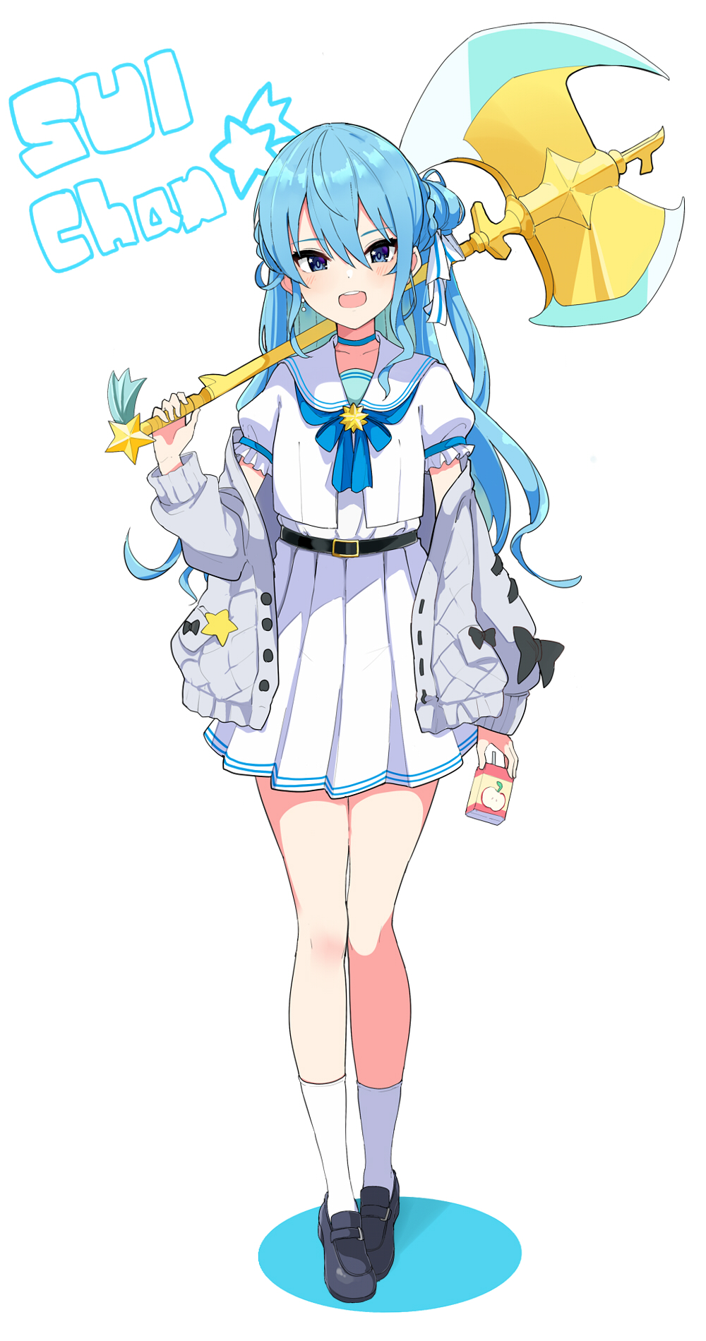 1girl axe bangs battle_axe belt blue_eyes blue_hair blush cardigan carrying character_name choker earrings hair_bun haseneko highres holding holding_axe holding_weapon hololive hoshimachi_suisei jewelry juice_box loafers long_sleeves looking_at_viewer off_shoulder open_mouth pleated_skirt sailor_collar shirt shirt_tucked_in shoes short_sleeves shoulder_carry simple_background skirt smile socks solo star_(symbol) star_in_eye symbol_in_eye teeth upper_teeth virtual_youtuber walking weapon white_background white_shirt white_skirt white_socks