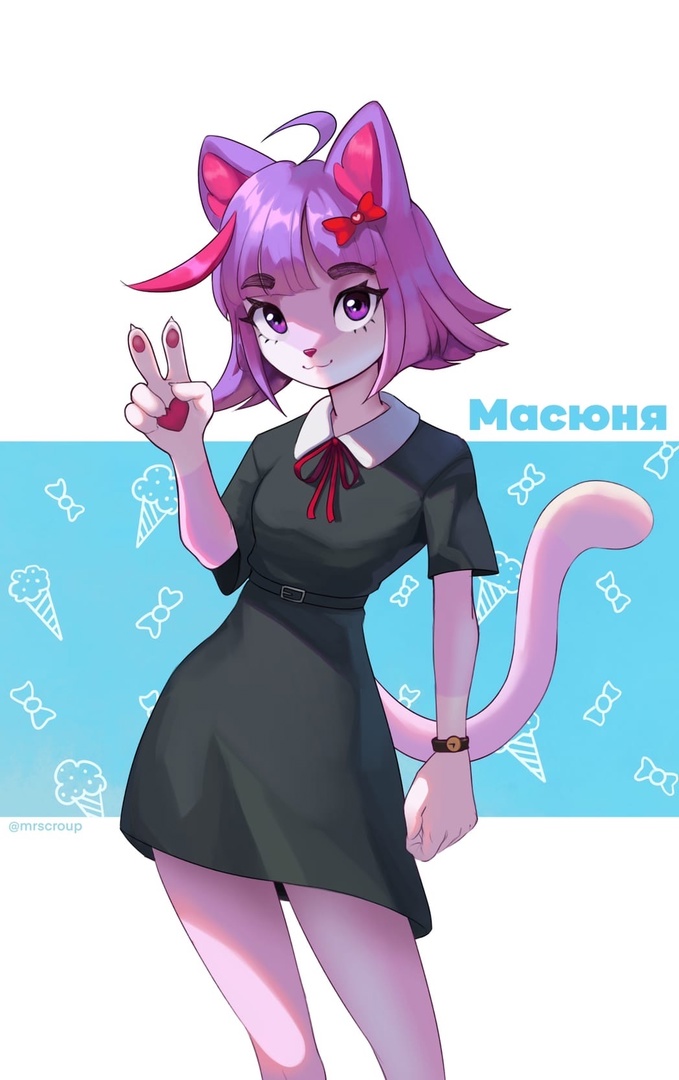 2022 5_fingers accessory anthro black_clothing black_dress bow_ribbon clock clothed clothing domestic_cat dress felid feline felis female fingers fur gesture hair hair_accessory hair_bow hair_ribbon looking_at_viewer mammal masyunya_(vkontakte) mrscroup multicolored_body multicolored_fur pawpads purple_body purple_eyes purple_fur purple_hair purple_nose purple_tail red_pawpads ribbons russian_text simple_background smile solo text v_sign vkontakte watch white_body white_fur wristwatch