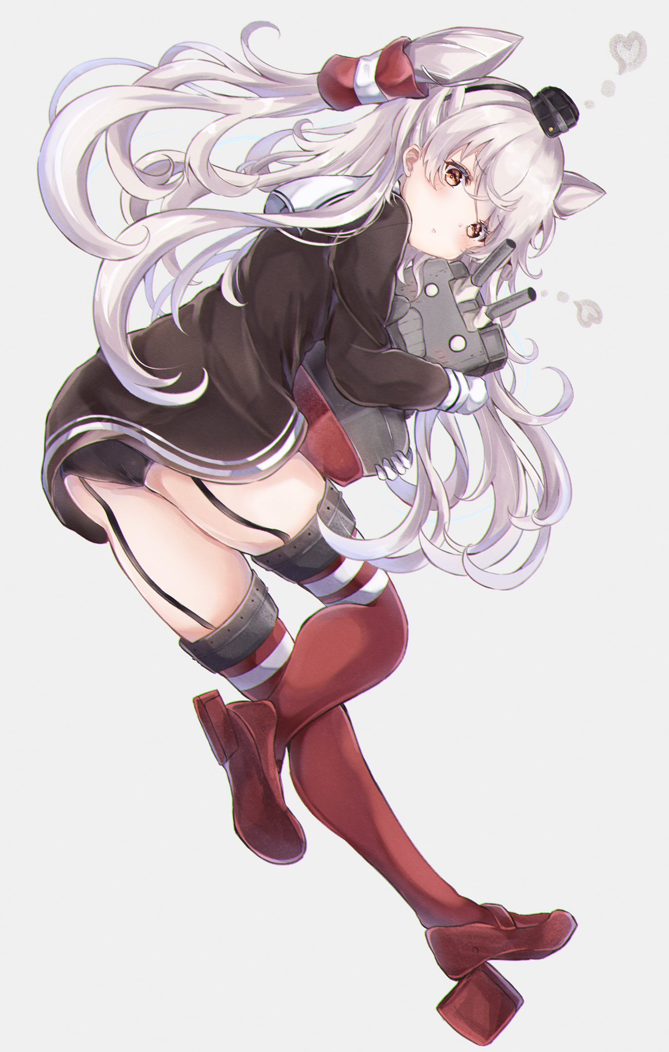 1girl amatsukaze_(kancolle) blush brown_dress closed_mouth dress garter_straps gloves hair_tubes hat heart highres kantai_collection long_hair mini_hat red_thighhighs rensouhou-kun sa-ya2 sailor_dress short_dress solo thighhighs two_side_up white_gloves white_hair yellow_eyes