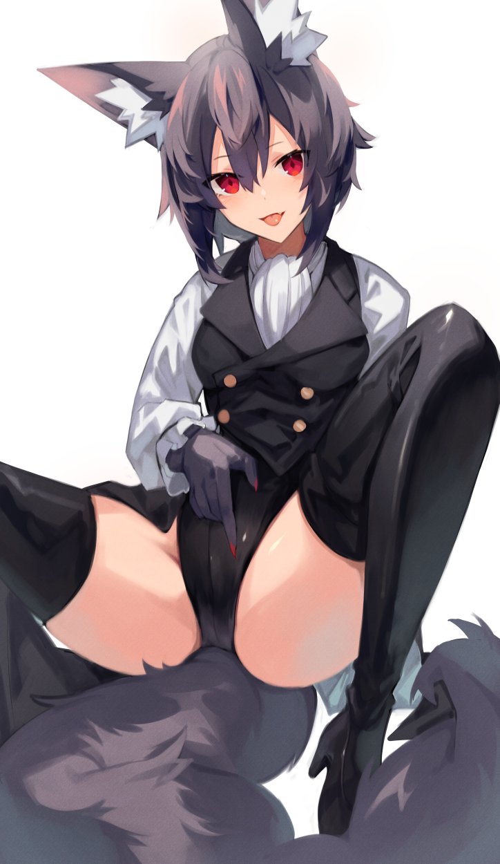 1girl animal_ears black_footwear black_gloves black_hair black_vest boots fang gloves hair_between_eyes highres long_sleeves open_mouth original red_eyes red_nails sasa_onigiri shirt simple_background skin_fang solo spread_legs tail thigh_boots thighs tongue vest white_background white_shirt wolf_ears wolf_girl wolf_tail