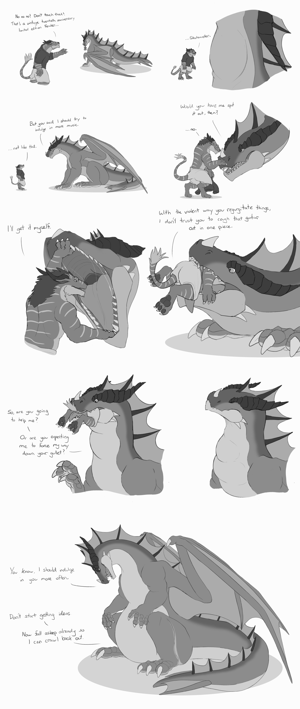 2020 2_horns 3_toes 4_fingers ambiguous_gender anthro arkanath bodily_fluids bottomwear claws clothing comic dialogue dragon duo english_text feet feral fin fingers frill_(anatomy) gaping_mouth greyscale guitar head_crest head_first head_frill hi_res horn in_mouth larger_pred looking_at_belly male male_prey membrane_(anatomy) membranous_wings monochrome musical_instrument neck_bulge neck_frill nose_spike on_hind_legs open_mouth plucked_string_instrument quadruped rimentus saliva saliva_string scalie shirt shorts size_difference smaller_prey string_instrument stripes swallowing tail_fin tail_frill text toes topwear toredis undressing vore western_dragon willing_prey wings