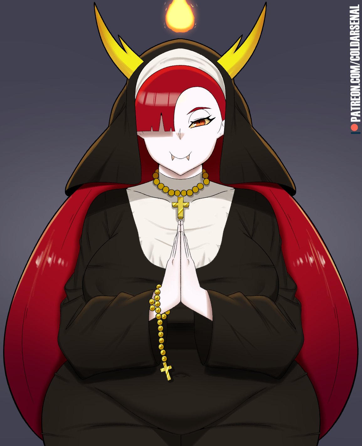 2021 coldarsenal disney eyebrows female fingers hair hekapoo hi_res horn horned_humanoid humanoid looking_at_viewer not_furry nun orange_eyes red_eyebrows red_hair star_vs._the_forces_of_evil white_body yellow_sclera