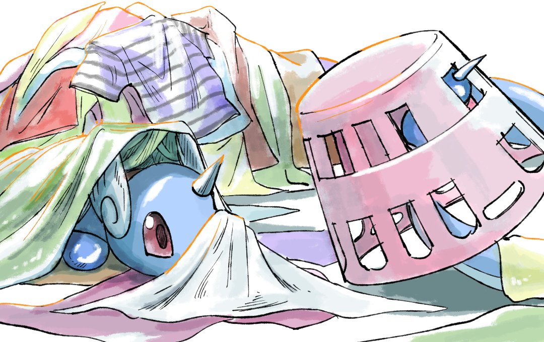clothes commentary_request covered_mouth dragonair horns laundry_basket mukiguri no_humans pokemon pokemon_(creature) red_eyes shirt single_horn spikes white_background