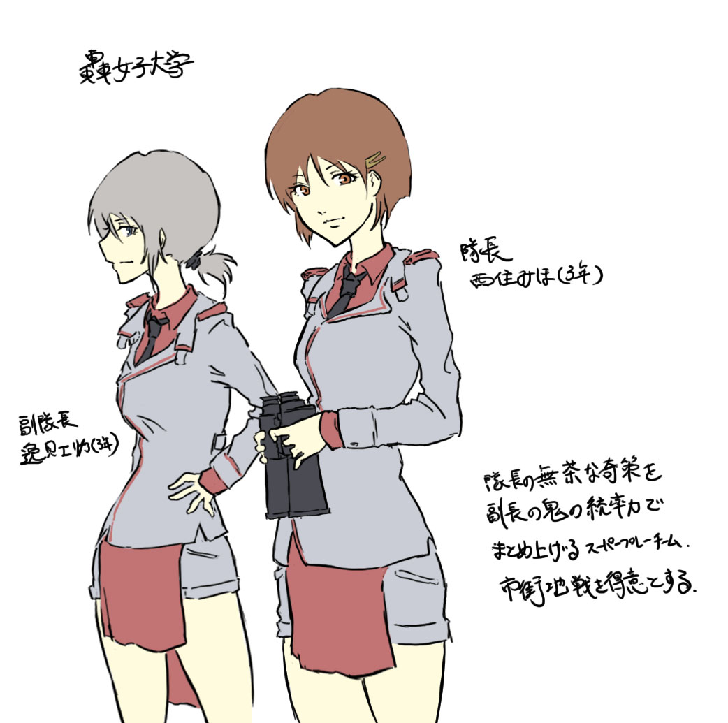 2girls alternate_costume alternate_hairstyle alternate_universe binoculars brown_eyes brown_hair commentary_request girls_und_panzer grey_hair hair_ornament hairclip hands_on_hips holding holding_binoculars itsumi_erika jacket multiple_girls nishizumi_miho older ponytail run_the_9tails short_shorts shorts translation_request uniform white_jacket