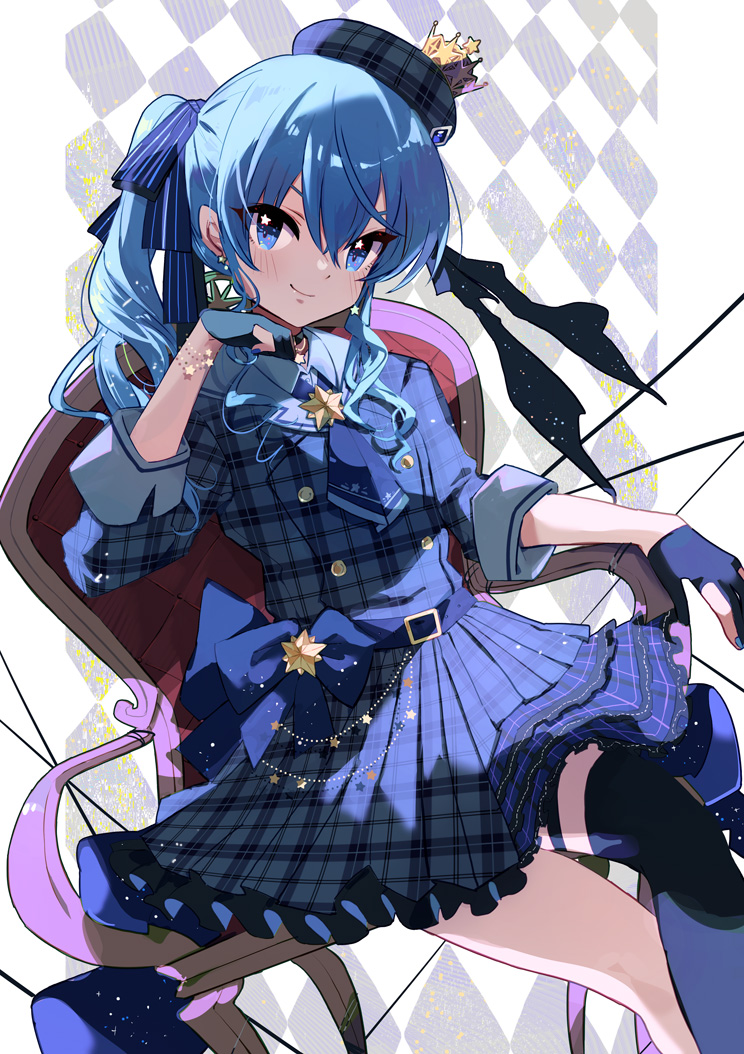 1girl argyle argyle_background black_gloves blue_bow blue_eyes blue_hair blue_nails blush bow chair closed_mouth collared_shirt commentary_request eyebrows_behind_hair feet_out_of_frame gloves grey_headwear grey_jacket grey_skirt hair_between_eyes hololive hoshimachi_suisei jacket long_sleeves looking_at_viewer nail_polish on_chair partially_fingerless_gloves plaid plaid_headwear plaid_jacket plaid_skirt shadowsinking shirt side_ponytail single_thighhigh sitting skirt smile solo thighhighs tilted_headwear virtual_youtuber white_shirt