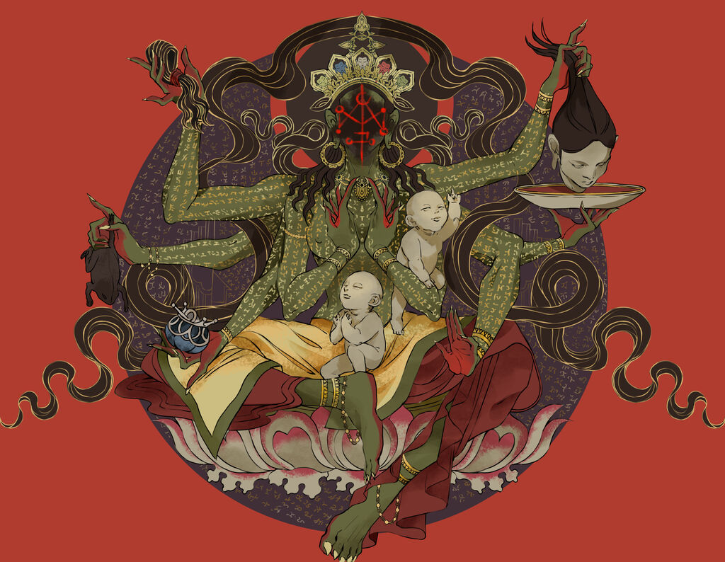anyueh baby black_hair bowl colored_skin faceless faceless_female flower grabbing_another's_hair green_skin head holding holding_bowl incantation_(movie) lotus mudra scripture sitting toad_(animal)