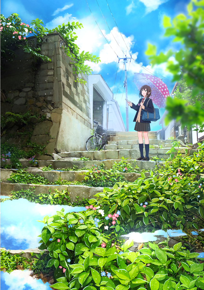 1girl bicycle black_socks blazer blue_jacket blue_sky brown_eyes brown_footwear brown_hair cloud commentary_request grey_skirt ground_vehicle highres holding holding_umbrella jacket loafers necktie original pleated_skirt power_lines puddle red_necktie reflection sakeharasu scenery school_uniform shirt shoes short_hair skirt sky socks solo stairs standing umbrella utility_pole white_shirt wide_shot