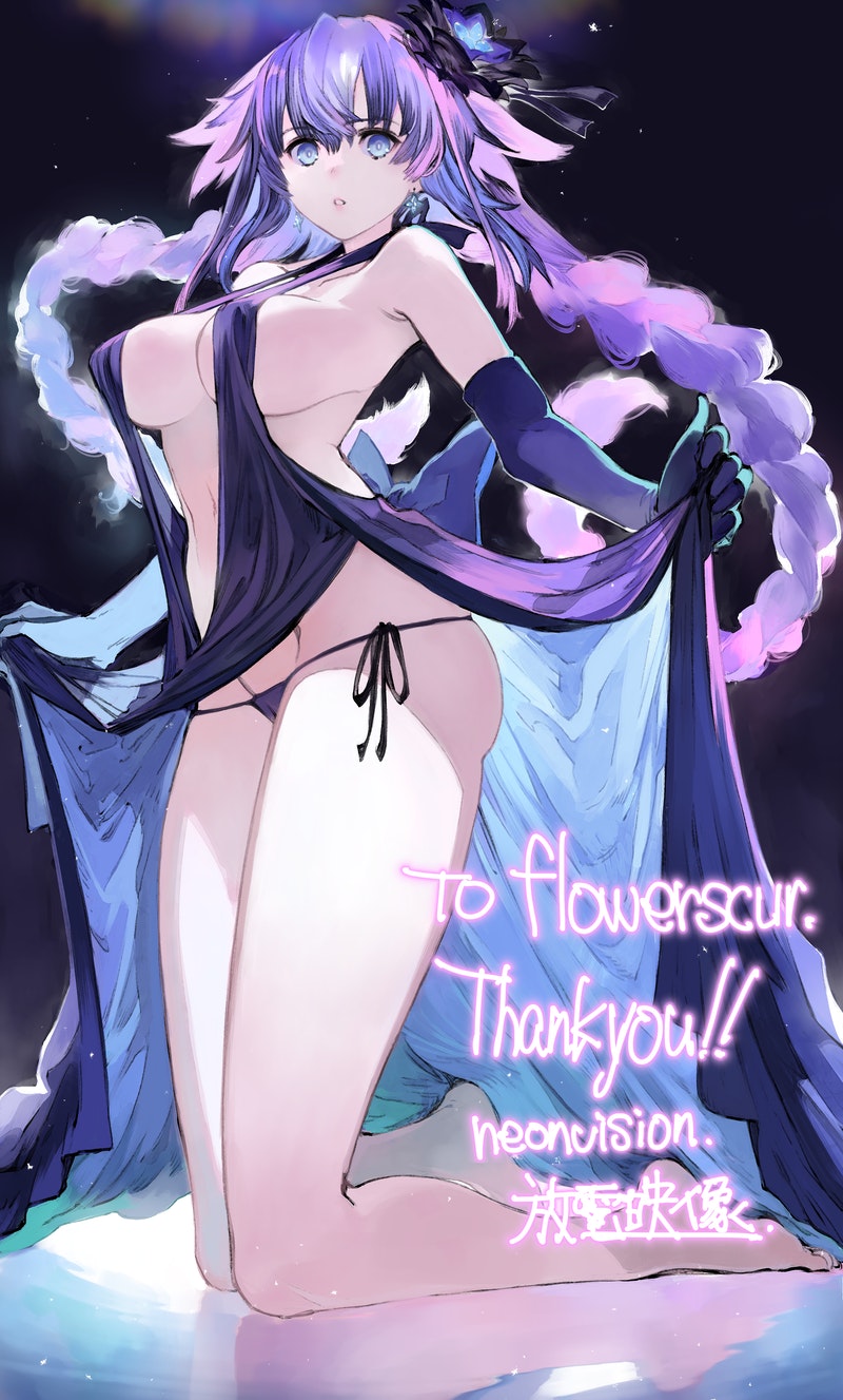 1girl armpits artist_name aurora backless_dress backless_outfit bare_shoulders barefoot blue_eyes braid breasts choujigen_game_neptune clothes_lift dress earrings elbow_gloves feet from_below gloves hair_ornament highres houden_eizou jewelry kneeling long_hair looking_at_viewer medium_breasts navel neptune_(series) night night_sky outdoors panties purple_dress purple_eyes purple_heart revealing_clothes ribbon self_exposure side-tie_panties sideboob signature skirt skirt_lift sky solo twin_braids two-sided_fabric underwear very_long_hair