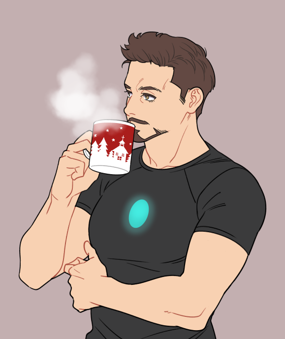 1boy animification arc_reactor black_shirt brown_eyes brown_hair collarbone cup drinking facial_hair grey_background hand_up holding holding_cup iron_man_(series) looking_to_the_side male_focus marvel marvel_cinematic_universe muscular muscular_male shirt short_hair short_sleeves simple_background solo standing star_(symbol) star_print steam t-shirt tony_stark yukko93