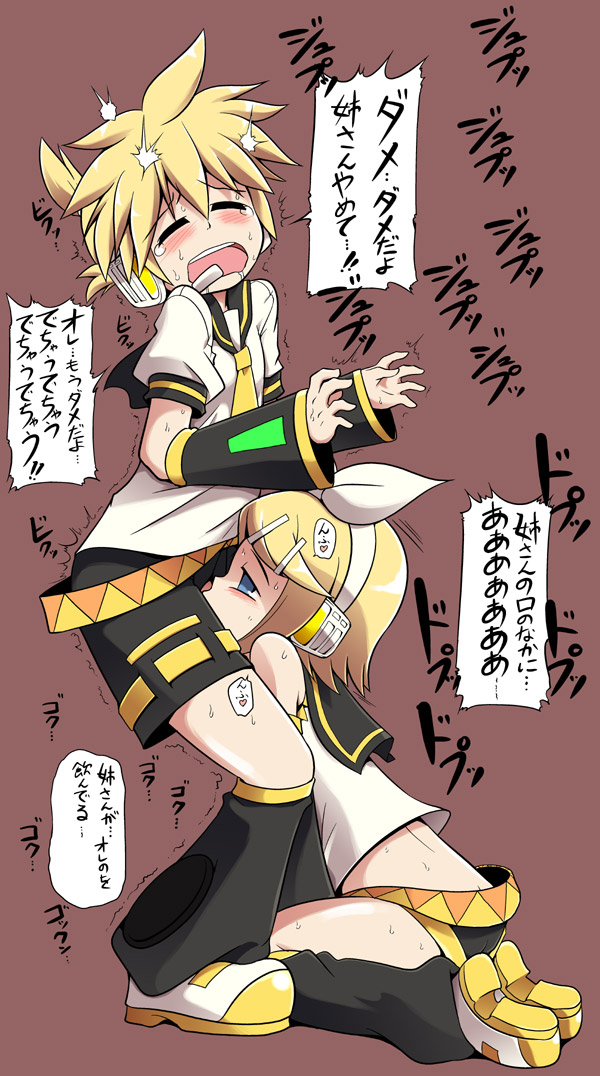 1girl blush brother_and_sister celebi_ryousangata deepthroat fellatio hetero incest kagamine_len kagamine_rin kneeling open_mouth oral penis saliva short_shorts shorts siblings sweat tears translated twincest twins vocaloid