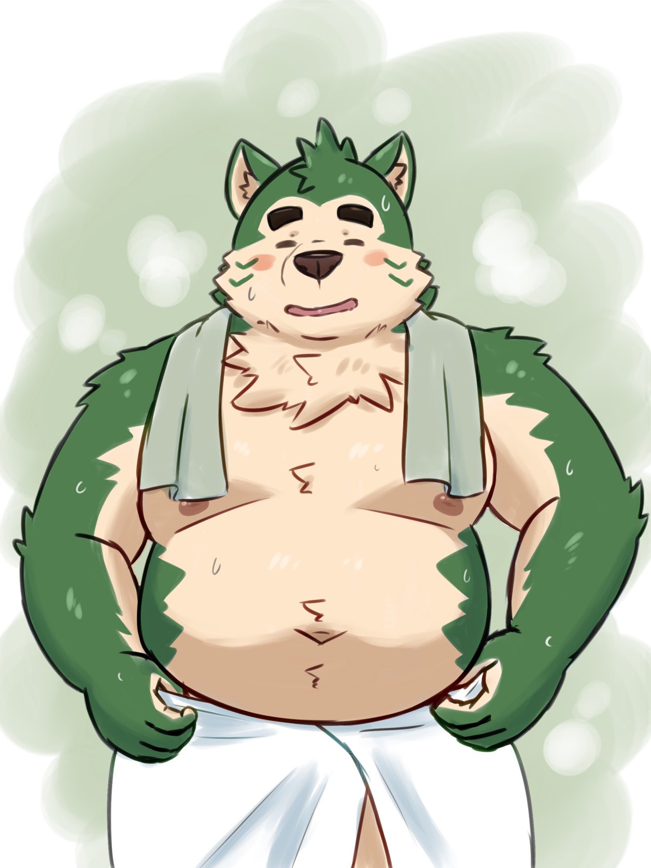 2023 anthro belly big_belly black_nose blush canid canine canis domestic_dog eyes_closed green_body hi_res humanoid_hands kemono lifewonders live_a_hero male mammal mokdai moobs nipples overweight overweight_male simple_background solo towel towel_around_neck yaki_atsuage