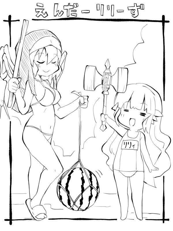 2girls beach bikini breasts closed_eyes commentary_request ender_lilies_quietus_of_the_knights food fruit full_body greyscale guardian_siegrid holding holding_stick holding_weapon lily_(ender_lilies) long_hair medium_breasts monochrome multiple_girls open_mouth sandals skeletal_wings sketch smile stick swimsuit war_hammer watermelon weapon wings zubatto_(makoto)