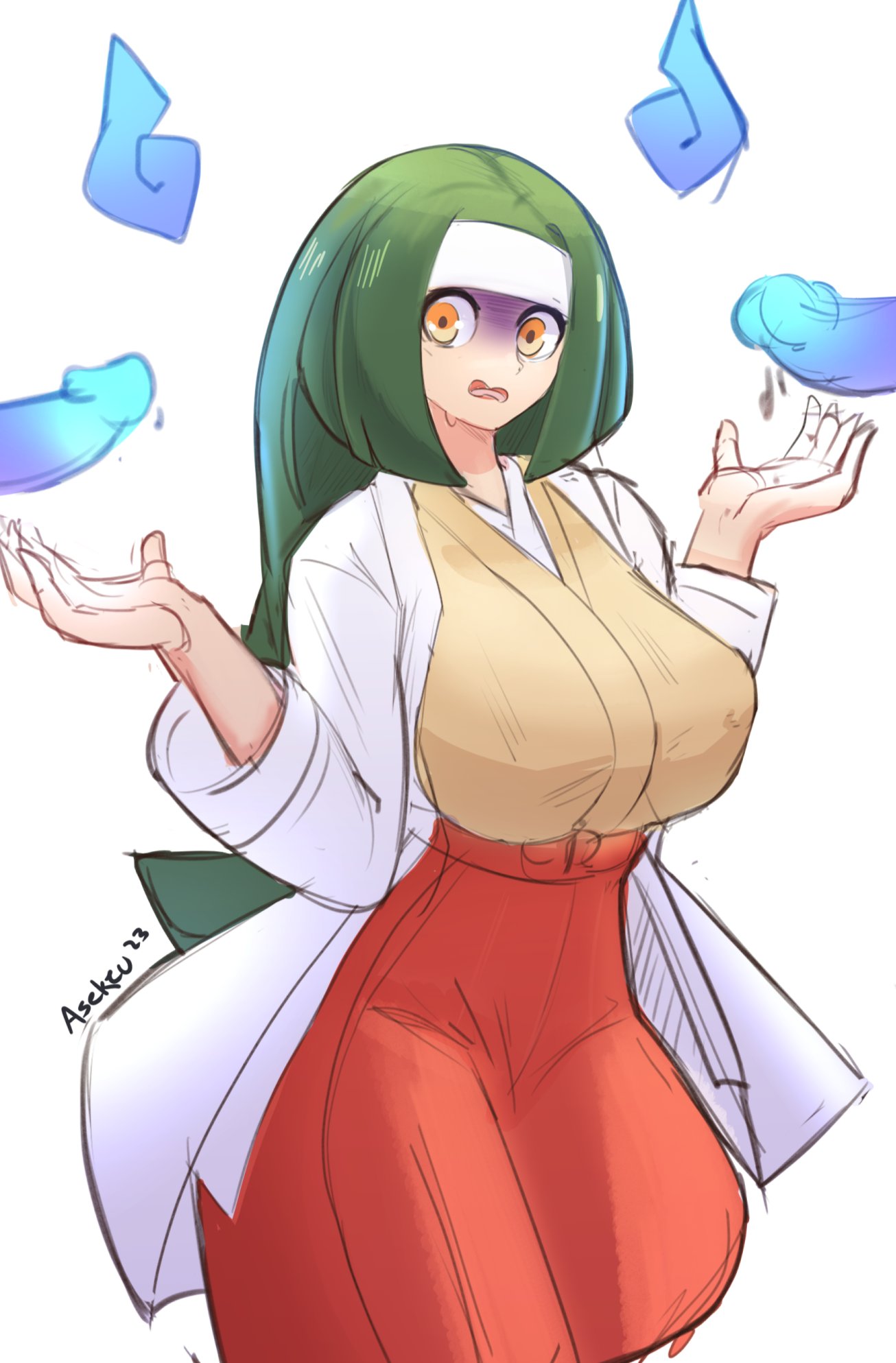 1girl artist_name asekeu breasts channeler_(pokemon) commentary disembodied_penis english_commentary green_eyes green_hair hakama headband highres japanese_clothes large_breasts long_hair long_sleeves open_mouth penis pokemon shaded_face simple_background skirt white_background white_headband yellow_eyes