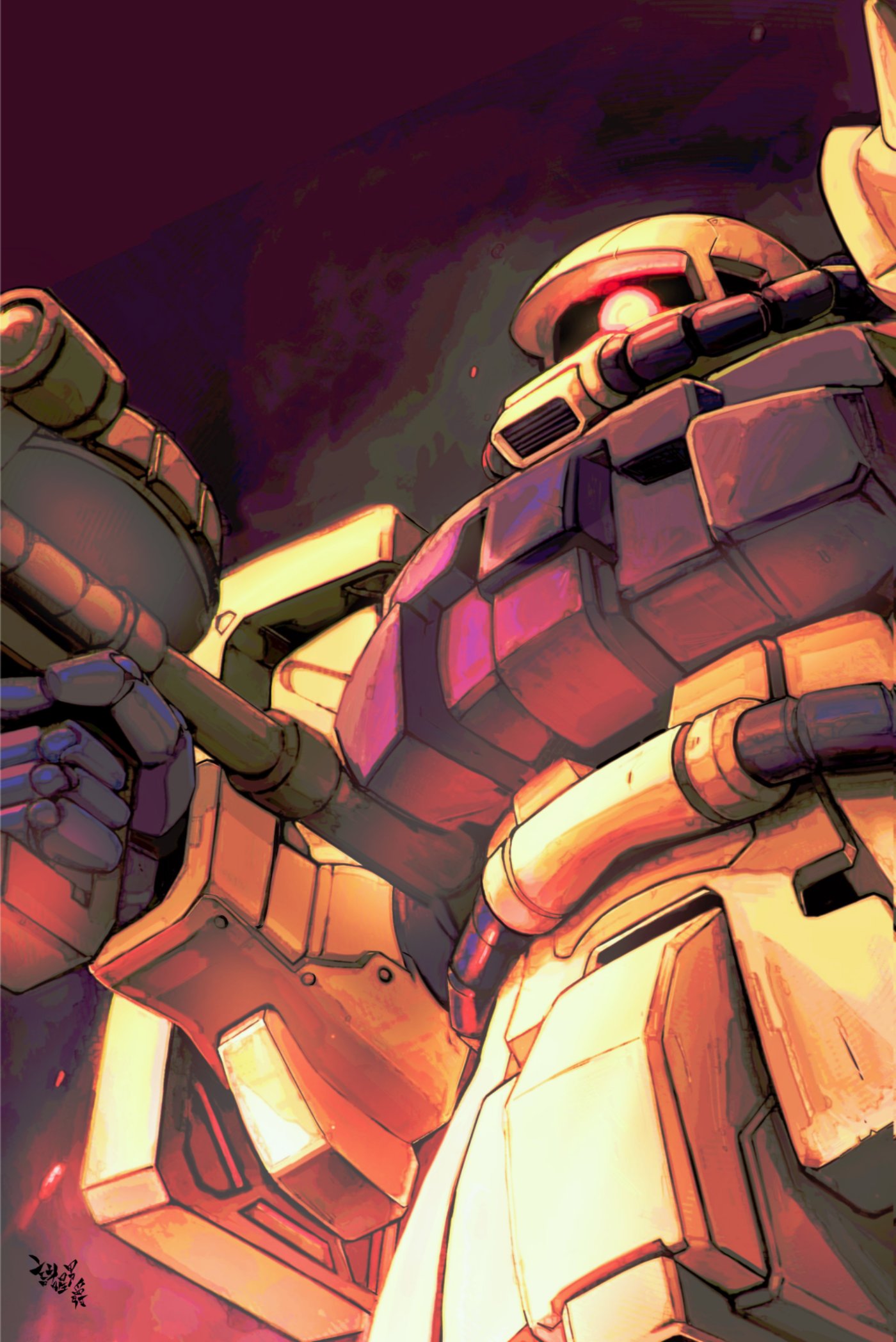 armor black_gloves cyclops drum_magazine from_below gloves glowing glowing_eye gun gundam highres machine_gun magazine_(weapon) mecha mecha_focus moroboshi_danshaku no_humans one-eyed robot science_fiction scope signature weapon zaku