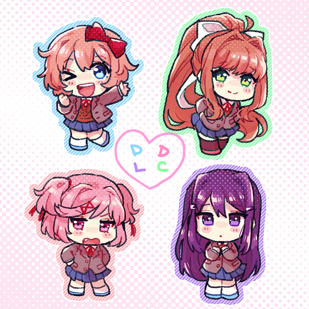 &gt;_o 4girls :o ;d arm_up arms_behind_back black_thighhighs blue_outline blue_skirt blush bow brown_hair brown_sweater_vest chibi chiimako closed_mouth collared_shirt commentary_request doki_doki_literature_club dress_shirt fang green_eyes green_outline grey_jacket hair_between_eyes hair_bow hair_intakes hair_ornament hair_ribbon halftone halftone_background hand_up hands_on_own_hips hands_up heart high_ponytail jacket lapels leaning_forward leg_up long_hair long_sleeves looking_at_viewer monika_(doki_doki_literature_club) multiple_girls natsuki_(doki_doki_literature_club) neck_ribbon one_eye_closed open_clothes open_jacket open_mouth outline pink_background pink_eyes pink_hair pink_outline pleated_skirt ponytail purple_eyes purple_hair purple_outline red_bow red_ribbon ribbon sayori_(doki_doki_literature_club) school_uniform shirt short_hair sidelocks simple_background skirt smile socks split_mouth sweater_vest swept_bangs teeth thighhighs two_side_up upper_teeth_only v-shaped_eyebrows very_long_hair white_background white_bow white_shirt white_socks x_hair_ornament yuri_(doki_doki_literature_club)