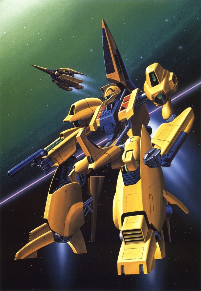 1980s_(style) battle energy_beam energy_gun gundam machinery mecha methuss mobile_suit no_humans official_art ookawara_kunio production_art ray_gun retro_artstyle robot scan science_fiction spacecraft starfighter thrusters transformation weapon zeta_gundam