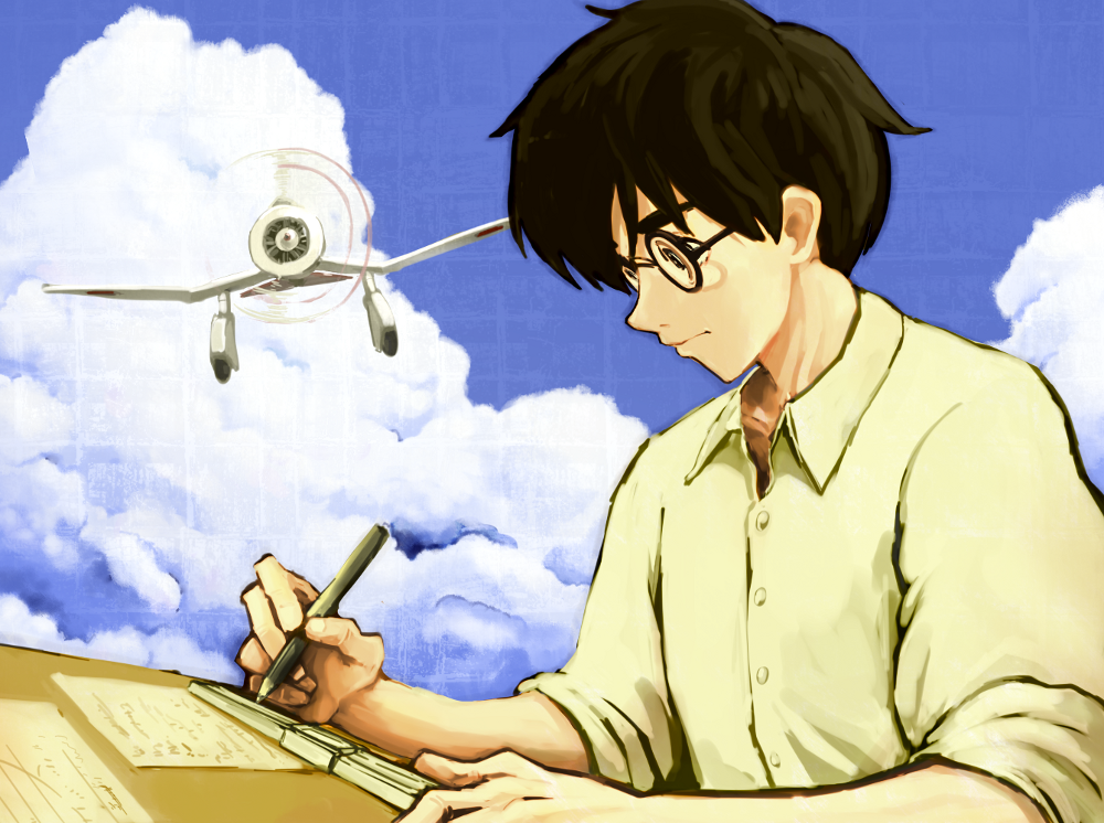 1boy aircraft airplane bigu0908 black-framed_eyewear black_hair blue_sky buttons closed_mouth cloud collared_shirt commentary_request concentrating dress_shirt expressionless glasses grid holding holding_pencil horikoshi_jirou kaze_tachinu looking_down male_focus open_collar paper pencil round_eyewear ruler shirt short_hair sky sleeves_rolled_up solo upper_body writing yellow_shirt