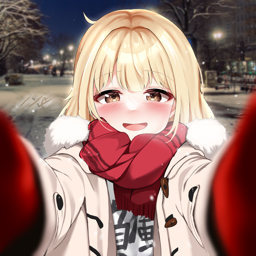 1girl blonde_hair blurry blurry_background blush coat duffel_coat foreshortening fur-trimmed_coat fur_trim furong_(furong_0) futaba_anzu gloves idolmaster idolmaster_cinderella_girls looking_at_viewer meme outdoors photo_background pov pov_cheek_warming_(meme) red_gloves red_scarf scarf shirt smile solo upper_body white_coat white_shirt