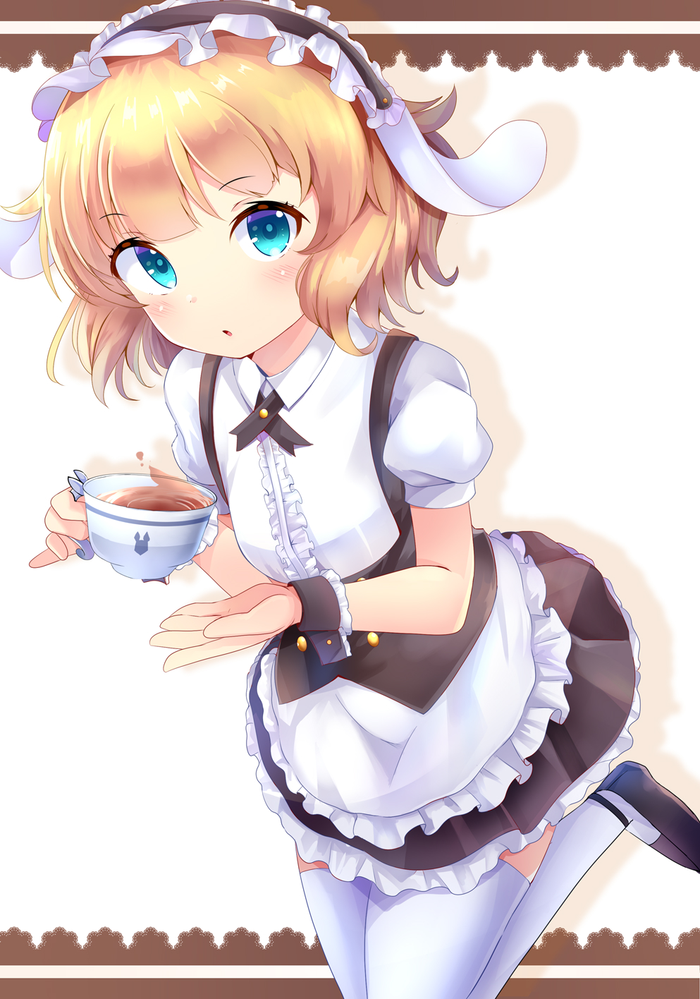 1girl animal_ears animal_print apron aru_(arudes) black_dress black_footwear black_wrist_cuffs blonde_hair blue_eyes blush center_frills collared_shirt commentary_request cup dress drop_shadow fake_animal_ears frilled_apron frilled_dress frills gochuumon_wa_usagi_desu_ka? highres holding holding_cup kirima_syaro knees_out_of_frame looking_at_viewer maid medium_hair parted_lips puffy_short_sleeves puffy_sleeves rabbit_ears rabbit_print shirt short_dress short_hair short_sleeves simple_background solo tea teacup thighhighs waist_apron white_apron white_background white_shirt white_thighhighs wrist_cuffs