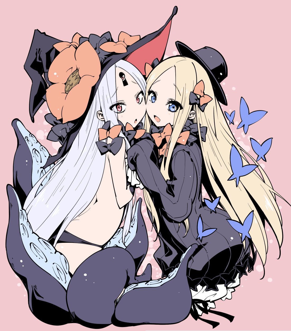 2girls abigail_williams_(fate/grand_order) ass black_dress black_panties blonde_hair bloomers blue_eyes bow bug butterfly cheek-to-cheek dress dual_persona face-to-face fate/grand_order fate_(series) flower forehead from_side hair_bow hand_holding hat hat_flower hat_ornament highres insect keyhole long_hair mikage_(curry_berg_dish) multiple_girls open_mouth pale_skin panties pink_background red_eyes ribbon short_dress simple_background sleeves_past_wrists smile tentacle third_eye topless underwear very_long_hair white_hair witch_hat
