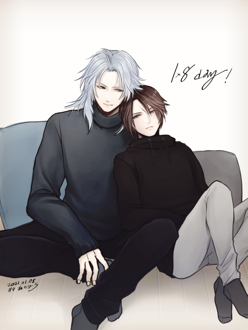 2boys black_hoodie black_pants black_socks black_sweater blue_eyes brown_hair commentary_request couple crossed_ankles dated dissidia_final_fantasy drawstring english_text final_fantasy final_fantasy_i final_fantasy_viii full_body grey_background grey_hair grey_pants grey_socks hand_on_own_foot hands_on_lap hiryuu_(kana_h) hood hoodie indoors leaning leaning_on_person leaning_to_the_side long_hair looking_at_another looking_to_the_side male_focus multiple_boys on_floor pants pillow purple_eyes scar scar_on_face short_hair signature sitting smile socks squall_leonhart sweater turtleneck turtleneck_sweater warrior_of_light_(ff1) wooden_floor yaoi