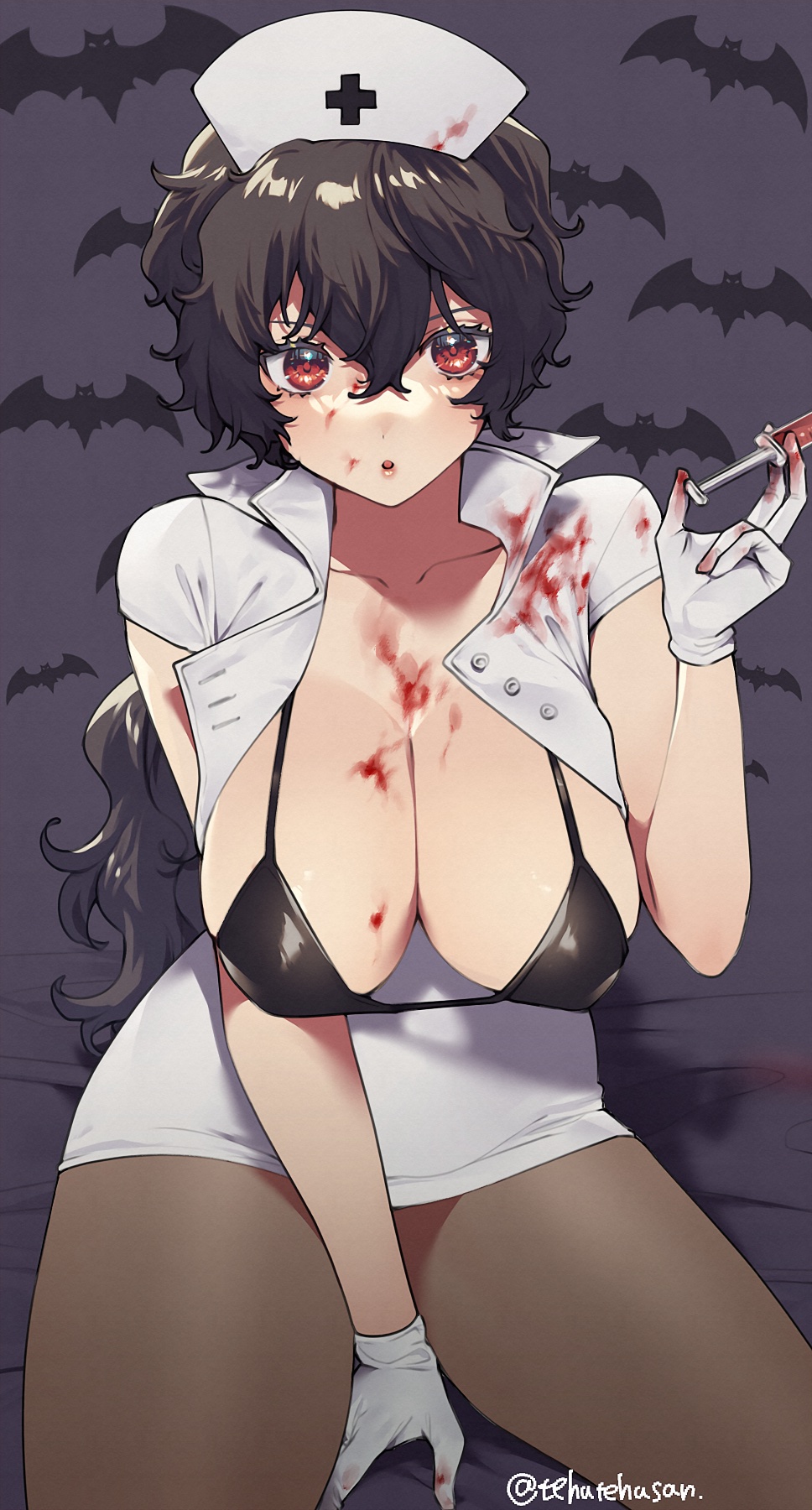 1girl arm_between_legs bat_(animal) bikini black_bikini blood blood_on_clothes blood_on_face blood_on_hands breasts brown_hair cleavage collar cross gloves hair_between_eyes hat highres holding holding_syringe large_breasts long_hair looking_at_viewer murata_tefu nurse nurse_cap open_clothes original pantyhose red_cross red_eyes rubber_gloves short_sleeves simple_background swimsuit syringe thick_thighs thighs unbuttoned uniform white_gloves