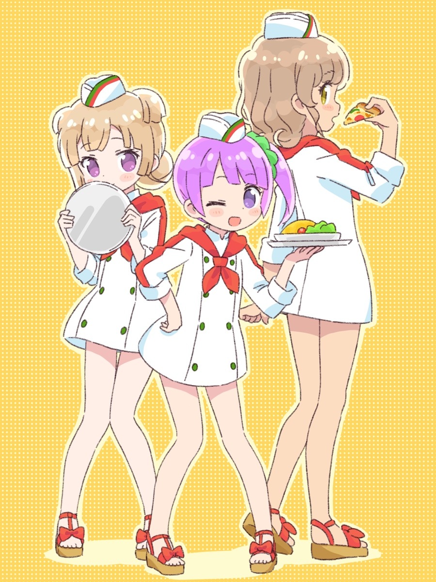 1girl 3girls ;d blonde_hair blunt_bangs blush bow brown_eyes brown_hair chef chef_hat commentary_request dress food full_body green_scrunchie hair_bun hair_ornament hair_scrunchie hand_on_own_hip hand_up hands_up hat highres holding holding_food holding_pizza holding_tray ikzw looking_at_viewer looking_back manaka_non multiple_girls neckerchief one_eye_closed open_mouth outline pizza pizza_slice plate pretty_series pripara purple_eyes purple_hair red_bow red_neckerchief sandals scrunchie short_hair shy side_ponytail single_hair_bun smile standing taiyo_pepper tray tsukikawa_chili two_side_up white_dress white_headwear yellow_background