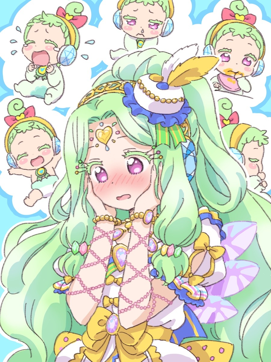 1girl ^_^ aged_down arms_up baby blush bow bracelet closed_eyes closed_mouth clothing_cutout crying diaper dirty dirty_face dress dual_persona eating embarrassed gem green_hair hair_bow hands_on_own_cheeks hands_on_own_face headphones highres ikzw jewelry jewlie_(pripara) long_hair looking_at_viewer multiple_views open_mouth pink_bow pretty_series pripara puffy_short_sleeves puffy_sleeves remembering short_hair short_sleeves shoulder_cutout sleeping smile snot very_long_hair white_dress yellow_bow