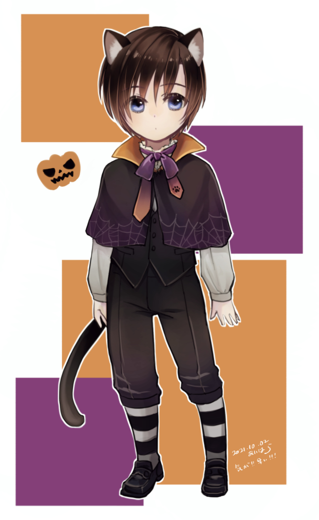 1boy :o aged_down alternate_costume animal_ears black_capelet black_footwear black_pants black_vest blue_eyes bow bowtie brown_hair capelet cat_boy cat_ears cat_tail child collar dated dot_mouth final_fantasy final_fantasy_viii frilled_collar frills full_body halloween halloween_costume high_collar hiryuu_(kana_h) jack-o'-lantern long_sleeves looking_at_viewer male_focus orange_background pants paw_print puffy_long_sleeves puffy_sleeves purple_background purple_bow purple_bowtie shirt short_hair signature simple_background socks solo spider_web_print squall_leonhart striped striped_socks tail vest white_shirt