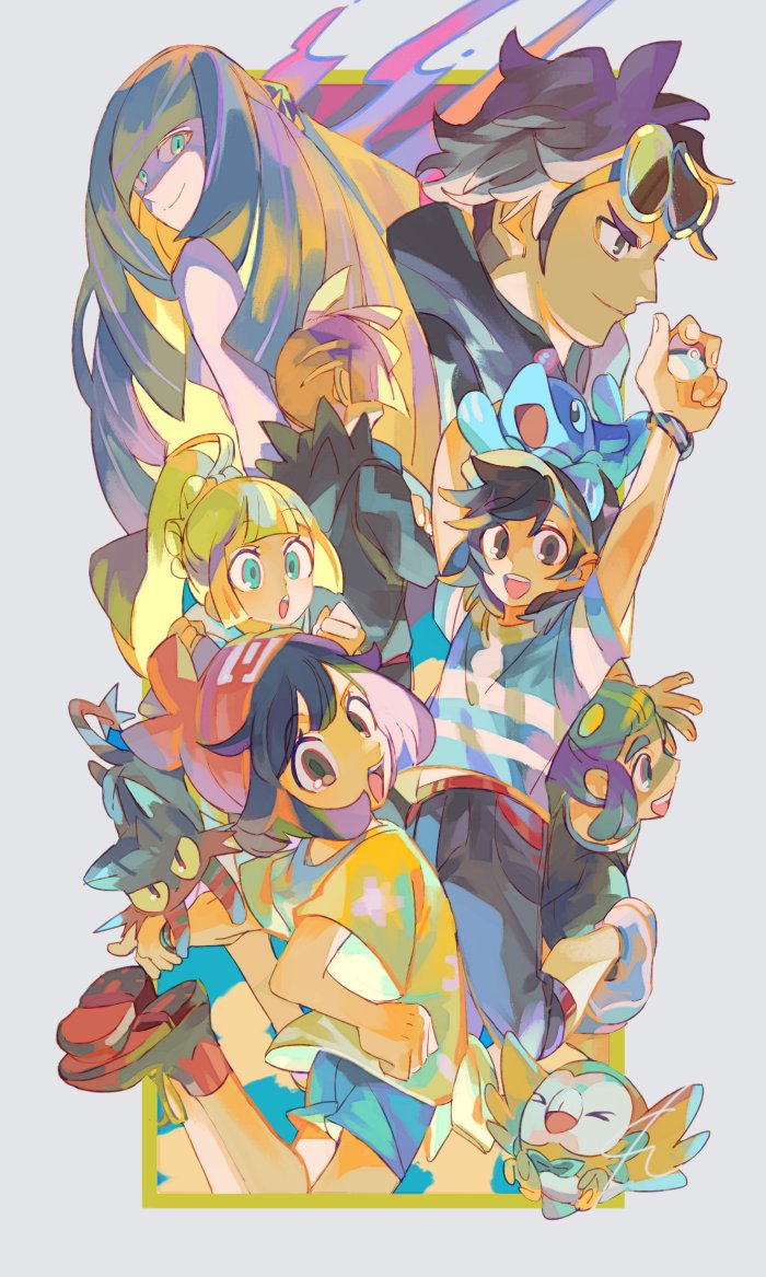 3girls 4boys :d :o beanie black_eyes blonde_hair blue_eyes blue_shirt blue_shorts brown_eyes elio_(pokemon) gladion_(pokemon) goggles goggles_on_head guzma_(pokemon) hat hau_(pokemon) holding holding_poke_ball jumping lillie_(pokemon) litten long_hair looking_at_viewer lusamine_(pokemon) multiple_boys multiple_girls open_mouth poke_ball pokemon pokemon_(creature) pokemon_sm ponytail popplio red_footwear red_headwear rowlet selene_(pokemon) senzzang shirt shorts smile t-shirt teeth two-tone_shirt upper_teeth_only very_long_hair white_shirt yellow_shirt