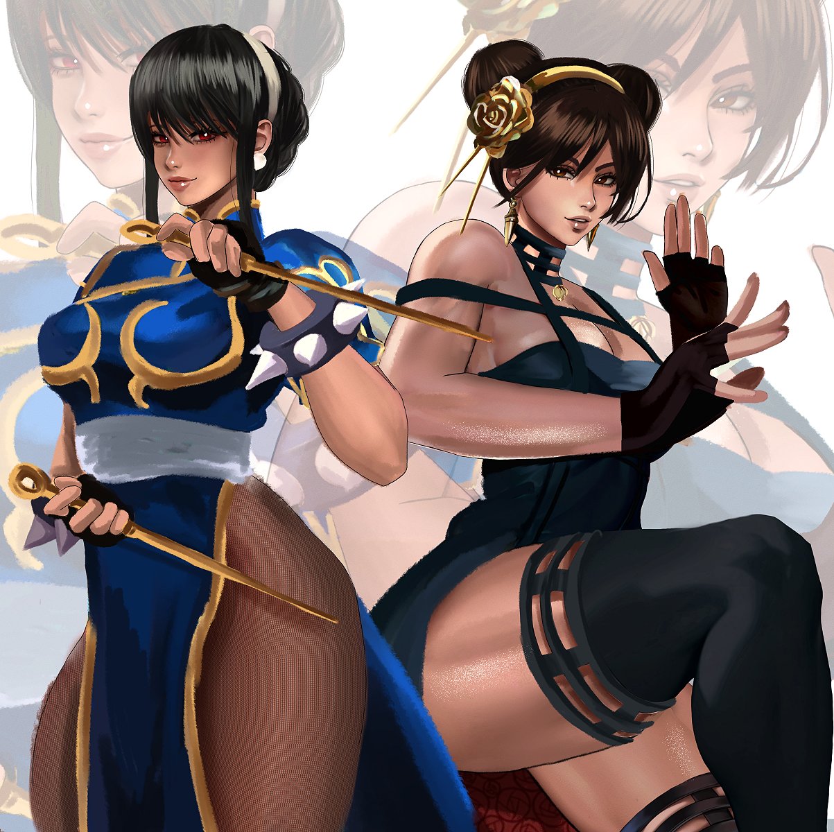 2girls bare_shoulders black_dress black_gloves black_hair black_thighhighs blue_dress bracelet brown_pantyhose bun_cover china_dress chinese_clothes chun-li chun-li_(cosplay) cosplay dagger double_bun dress earrings fighting_stance gloves gold_earrings gold_hairband gold_headband hair_bun hair_ornament hairband highres holding holding_dagger holding_knife holding_weapon jewelry kittymiya knife long_hair looking_at_viewer multiple_girls pantyhose pelvic_curtain puffy_short_sleeves puffy_sleeves reverse_grip sash short_sleeves smile spiked_bracelet spikes spy_x_family street_fighter street_fighter_6 thighhighs two-sided_dress two-sided_fabric weapon yor_briar yor_briar_(cosplay)