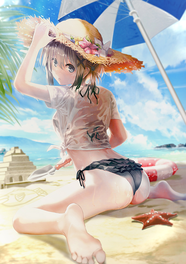 1girl ass barefoot beach_umbrella bikini black_bikini black_ribbon breasts brown_hair character_request cloud flower grey_eyes hat hat_ribbon holding innertube kurono_mitsuki ocean palm_leaf pink_flower re:lief_~shin'ai_naru_anata_e~ ribbon sand_castle sand_sculpture see-through see-through_shirt shadow shirt side-tie_bikini_bottom sky solo starfish sun_hat swimsuit tied_shirt trowel umbrella wet wet_clothes wet_shirt white_ribbon yellow_flower