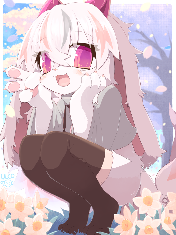 2022 4_fingers anthro cherry_blossom claws clothing daww digital_media_(artwork) female female_anthro finger_claws fingers flower fur gesture hair happy kemono lagomorph legwear leporid long_ears looking_at_viewer mammal open_mouth open_smile pawpads paws petals pink_eyes plant rabbit smile smiling_at_viewer solo thigh_highs tongue ullllcoelacanth v_sign white_body white_fur white_hair