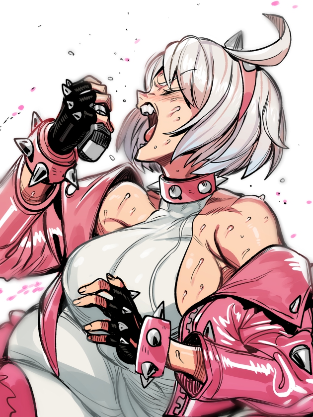1girl ahoge bare_shoulders breasts choker closed_eyes cropped_jacket dress elphelt_valentine fingerless_gloves gloves guilty_gear guilty_gear_strive hairband jacket large_breasts microphone nanika_(nnkgh) open_mouth pink_jacket screaming short_hair sideboob spikes white_dress white_hair