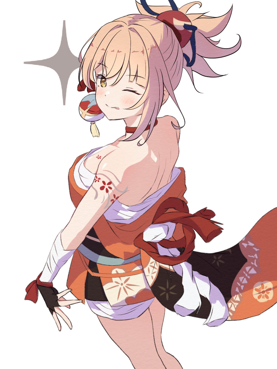 1girl arm_tattoo bandaged_arm bandages bare_shoulders black_gloves blonde_hair blush breast_tattoo breasts commentary_request fingerless_gloves from_behind genshin_impact gloves hair_ornament highres japanese_clothes kimono looking_at_viewer medium_breasts one_eye_closed orange_eyes orange_kimono ponytail sarashi short_kimono simple_background solo tattoo tongue tongue_out wa_(wamizest7) white_background yoimiya_(genshin_impact)