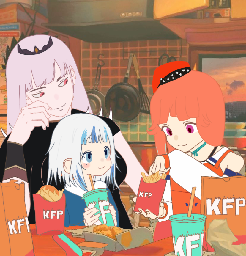 3girls artist_request bag chicken_nuggets food french_fries gawr_gura hololive ketchup kfp kitchen mori_calliope multiple_girls paper_bag soda takanashi_kiara virtual_youtuber