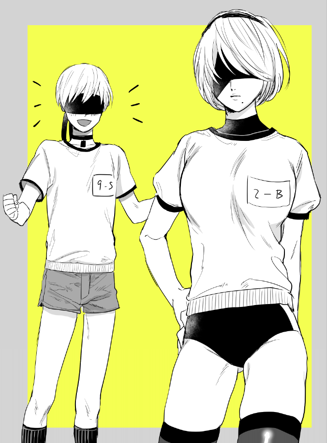 1boy 1girl :d arms_behind_back black_blindfold black_choker blindfold border breasts buruma choker clenched_hand closed_mouth facing_viewer gluteal_fold grey_border grey_shorts greyscale gym_shirt gym_uniform hand_on_hip jewelry medium_breasts mellow_rag mole mole_under_mouth monochrome name_tag nier_(series) nier_automata open_mouth pendant shirt short_hair short_sleeves shorts smile socks thighhighs white_shirt yellow_background yorha_no._2_type_b yorha_no._9_type_s