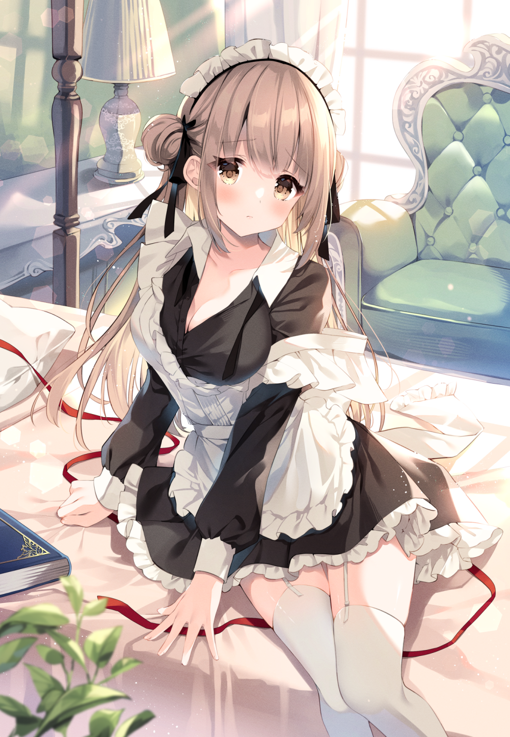 1girl apron armchair black_dress blush book breasts brown_eyes brown_hair chair cleavage closed_mouth collared_dress commentary_request double_bun dress frilled_apron frills garter_straps hair_bun highres indoors irori long_hair long_sleeves looking_at_viewer maid maid_apron maid_headdress medium_breasts original puffy_long_sleeves puffy_sleeves solo thighhighs very_long_hair white_apron white_thighhighs