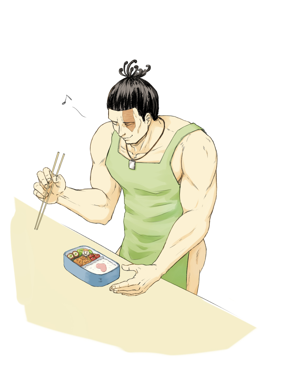 1boy apron ass bara bento black_hair chopsticks feet_out_of_frame green_apron highres holding holding_chopsticks jewelry jujutsu_kaisen kobikimaru large_pectorals male_focus muscular muscular_male naked_apron necklace pectorals scar scar_across_eye short_hair sideburns sidepec smile solo toudou_aoi_(jujutsu_kaisen) white_background